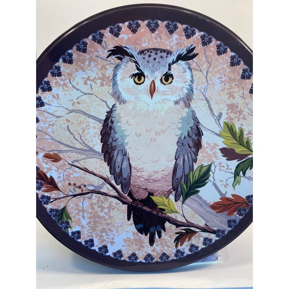 Vintage Grey Owl Round Metal Tin Box /1980's